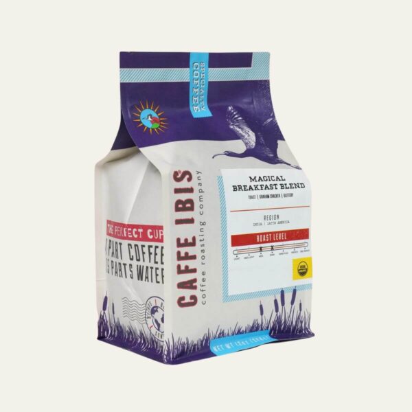 Café Ibis Organic Magical Breakfast Blend Coffee — buttery, toasty, graham cracker flavor, roasted in Logan, Utah by Feed the Birds First.