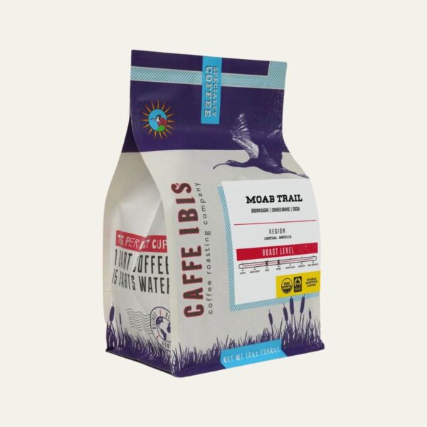Café Ibis Moab Trail Organic Coffee – medium-dark roast with caramel and chocolate notes, roasted in Utah for Feed the Birds First