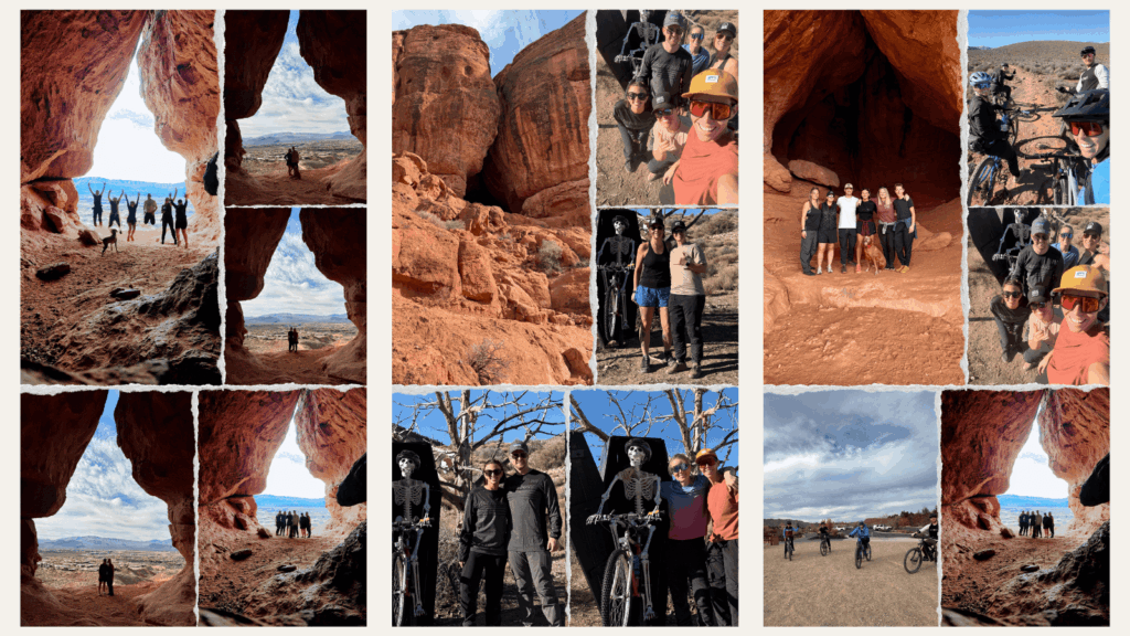 Friends riding mountain bikes in St. George during a Friendsmas micro adventure