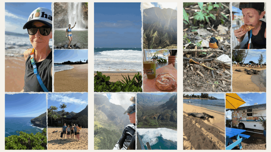 A collage of quiet moments from Kauai, including ocean waves, beaches, waterfalls, birds, shared food, and time outdoors, reflecting rest, adventure, and renewal.