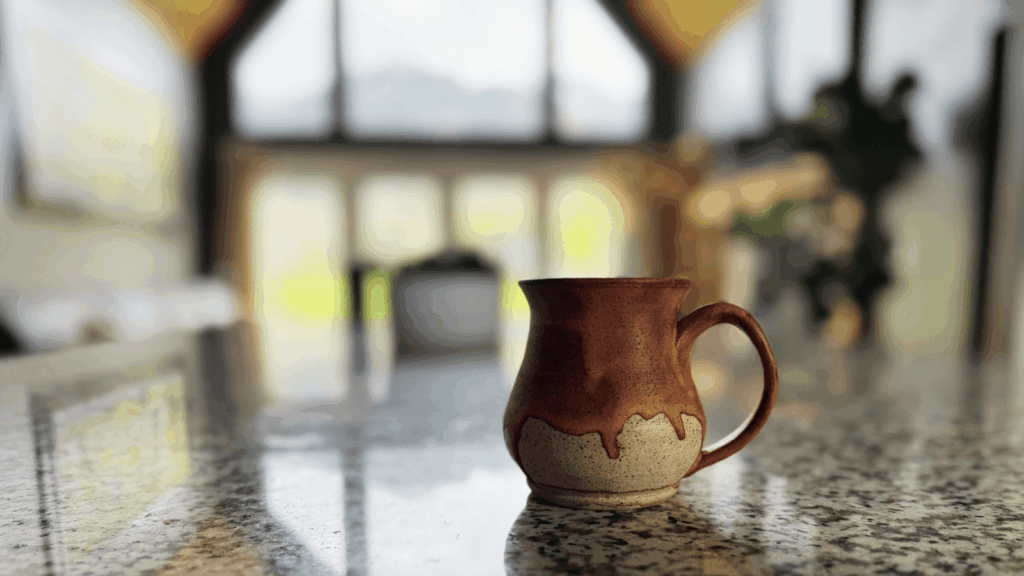 Black coffee morning reflection with birds and quiet lifestyle moment